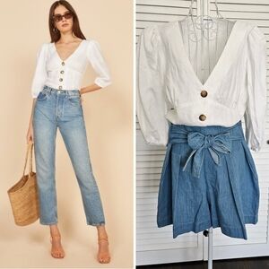 NWT Reformation Anton White Puff Sleeve V- Neck Blouse Size 12 100% Linen